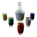 Service  liqueur vintage - cristallerie d'arques - 1 carafe + 10 verres - pied - de - poule multicolore ...