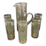 Service � orangeade 6 pi�ces en verre souffl� et bull� couleur grise