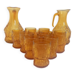 Service  orangeade verre textur ambre empoli 2 carafes 12 verres annes 70