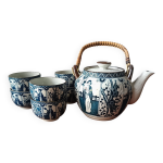 Service � th� asiatique en c�ramique et rotin � motifs de geishas et de v�g�taux