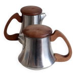 Service  th et  caf letang et remy en inox uni les manches et les couvercles en bois exotique.