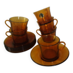 Service � th� duralex, 6 grandes tasses et soucoupes en verre ambr�