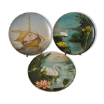 Set de 3 plats 19e sicle en terre cuite peinture 1895 bateau lys nnuphar cygne