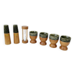 Set 4 coquetiers, salière, poivrière et timer vintage bois et céramique Set 4 coquetiers, salière, poivrière et timer vintage bois et céramique