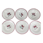 Set de 6 assiettes creuses en porcelaine, badonviller, fleur rouge, 1950