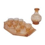 Set  liqueur en verre rose carafe, verre et plateau