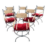 Six. fauteuils en fer forgé, tressage cordes Six. fauteuils en fer forgé, tressage cordes