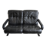 Sofa canap� scandinave 2 places 1970 vintage en cuir noir et bois courb�