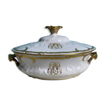 Soupi�re, l�gumier en porcelaine fine de limoges blanche et dor�e, monogramme pjc