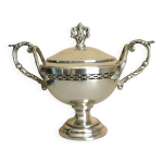 Sucrier ancien en forme de trophée, métal argenté et verrine en verre Sucrier ancien en forme de trophée, métal argenté et verrine en verre