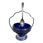 Sucrier sali�re en m�tal argent� et verre bleu
