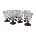 Suite de 10 verres a pied a vin en verre des annees 1930 bi colore