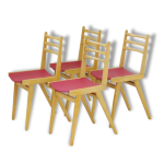 Suite de 4 chaises bistrot chêne zazou rouge vintage french mid - century modern chairs Suite de 4 chaises bistrot chêne zazou rouge vintage french mid - century modern chairs