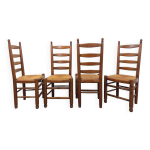 Suite de 4 chaises vintage en bois et paille des annes 60