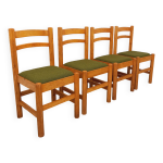 Suite de 4 chaises vintage en pin et tissu bouclette vert kaki des ann�es 70