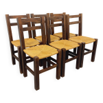 Suite de 6 chaises brutalistes vintage en bois de chne massif et paille