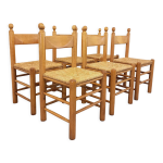 Suite de 6 chaises brutalistes vintage en bois de chêne massif et paille des années 60 Suite de 6 chaises brutalistes vintage en bois de chêne massif et paille des années 60