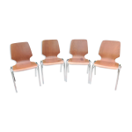 Suite de quatre chaises en multiplis couleur teck et pieds chroms / vintage annes 60 - 70