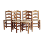 Suite de six chaises annes 50 en bois massif et paille