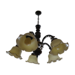 Suspension à 5 branches bois métal doré abat jour corolle en opaline Suspension à 5 branches bois métal doré abat jour corolle en opaline