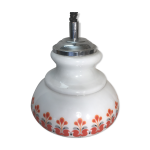Suspension ancienne cuisine monte & baisse opaline blanche dessin orange vintage