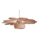 Suspension fleur en rotin et lin rose et globe vintage en verre de clichy