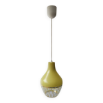 Suspension en verre opalin jaune chartreuse & dcor gomtrique dor