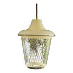 Suspension vintage en verre jaune pâle et transparent avec filets jaunes, livrée avec câble neuf Suspension vintage en verre jaune pâle et transparent avec filets jaunes, livrée avec câble neuf