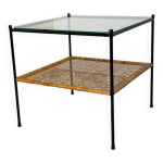 Table d'appoint ou table basse en rotin et verre de style danois moderniste du milieu du si�cle