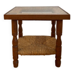 Table d appoint bois, paille et verre, vers 1950 Table d appoint bois, paille et verre, vers 1950