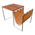 Table d'appoint / porte - journaux vintage en cuir, palissandre acier chrome , ca 1970