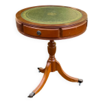 Table d'appoint ronde style anglais bois et cuir vert doré Table d'appoint ronde style anglais bois et cuir vert doré