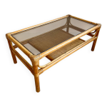 Table basse 1960 / 70 - verre fum� / bambou / rotin / osier