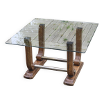 Table basse art déco en verre, bois et laiton Table basse art déco en verre, bois et laiton