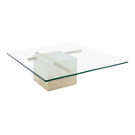Table basse avec base croise plaque or travertin et plateau en verre