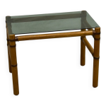 Table basse bois blond et verre fum� � ligatures cuir