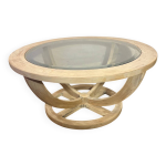 Table basse en bois patin� ovale et verre biseaut�