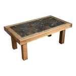 Table basse brutaliste en chne massif et marbre, annes 70