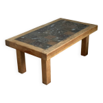 Table basse brutaliste en chne massif et marbre, annes 70