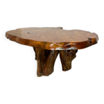 Table basse brutaliste wabi sabi du milieu du sicle en bois de loupe naturelle biologique