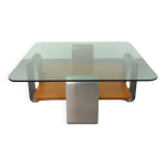 Table basse carrée 2 plateaux style space age vintage des années 70 en verre fumé bleuté, teck Table basse carrée 2 plateaux style space age vintage des années 70 en verre fumé bleuté, teck
