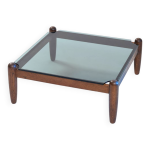 Table basse carre en chne et verre de style japandi, annes 1970