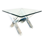 Table basse carre ' trteaux ' . plexi & verre. vintage 80s
