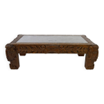 Table basse en chne massif sculpt de faunes et plateau en marbre gris, france, circa 1940