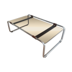 Table basse en chrome, cuir et verre fumé Table basse en chrome, cuir et verre fumé
