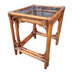 Tables basses gigogne, bambou, rotin et verre, annes 70