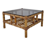Table basse italienne en bambou avec verre fumé, années 1970 Table basse italienne en bambou avec verre fumé, années 1970