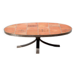 Table basse jean jaffeux, en pierre de lave maille avec structure en fer forg, 60's