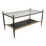 Table basse en laiton et plateau en cuir noir de la maison jansen