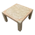 Table basse en marbre tessell� des ann�es 80, blanc cass� et saumon avec du laiton